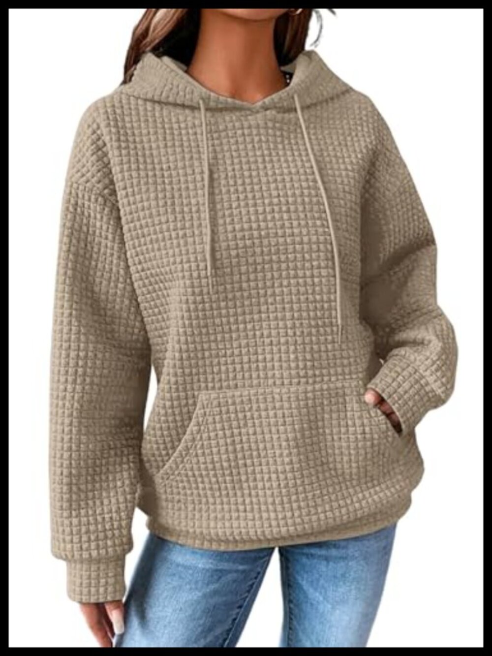 Waffle Knit Hoodie Pullover Oversized Sweatshirt with Pocket